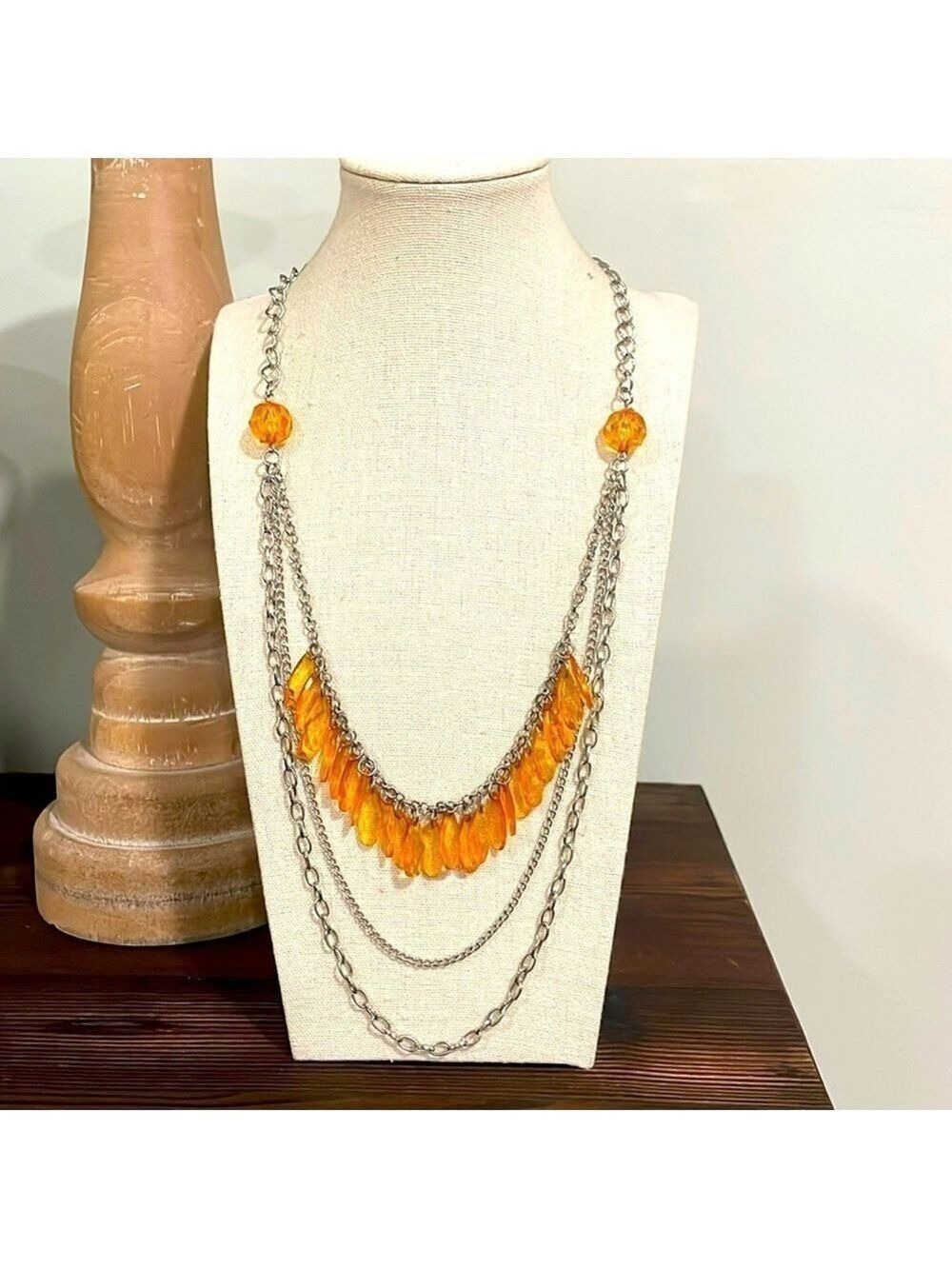 Vintage Orange teardrop acrylic beaded 3 layered silver tone necklace